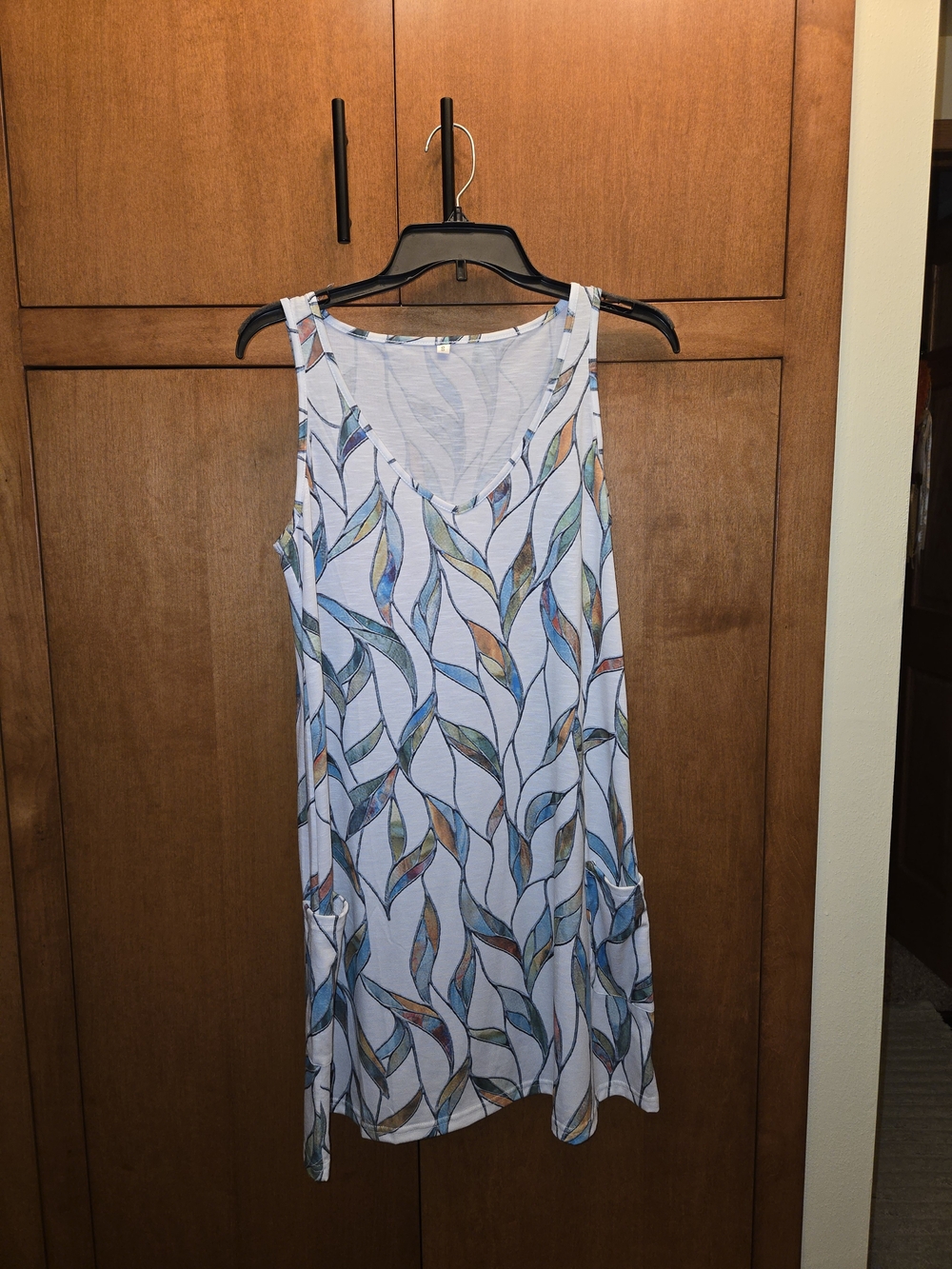Sleeveless V-Neck Printed Tank Top Dress - Light Blue Leaf Print